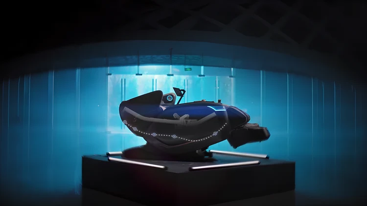 Ogawa BioVis 4D massagestol i nedfällt läge med blå belysning