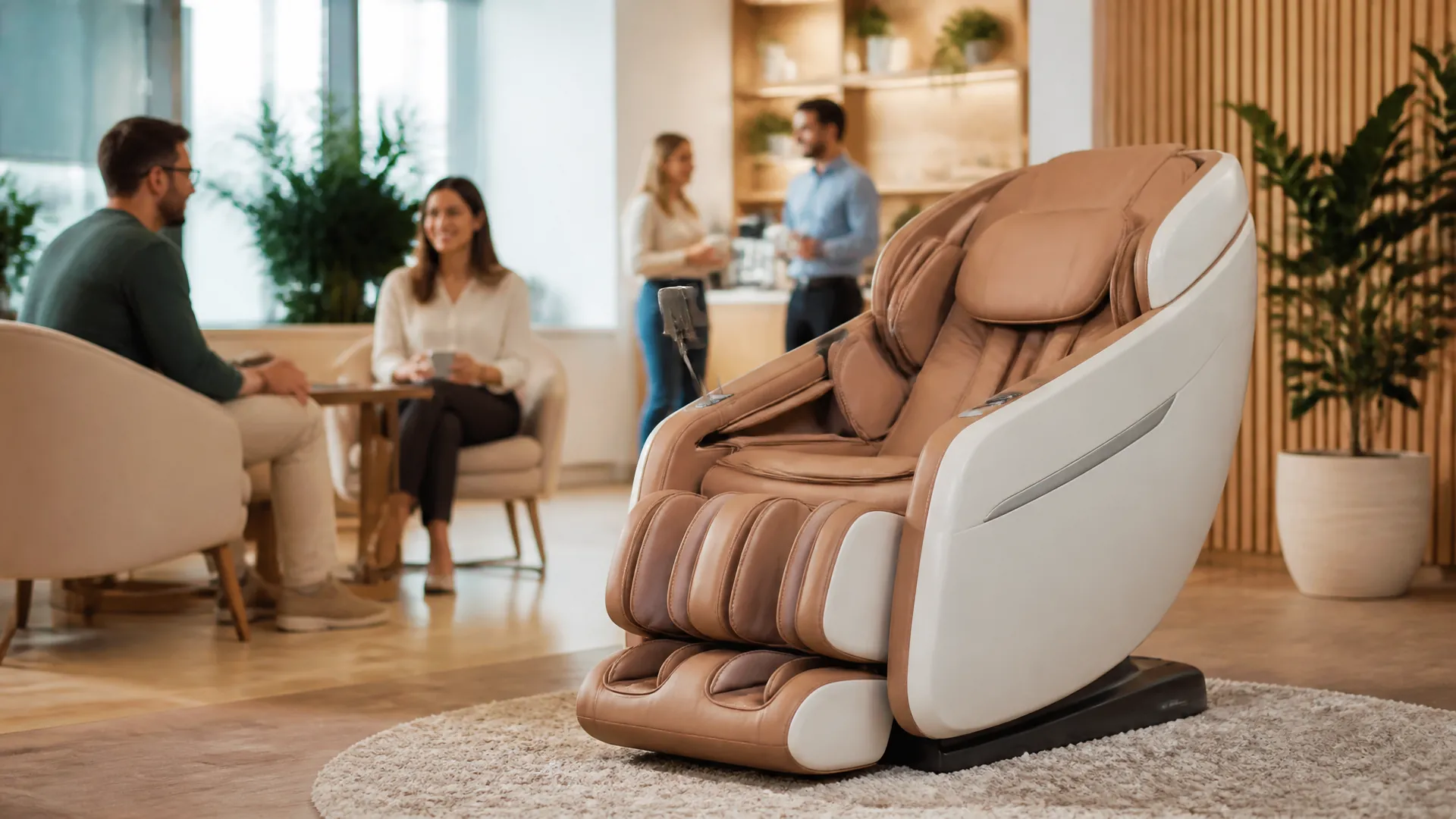 Zensit Delux massagestol i ett modernt kontorslandskap med medarbetare som tar en paus