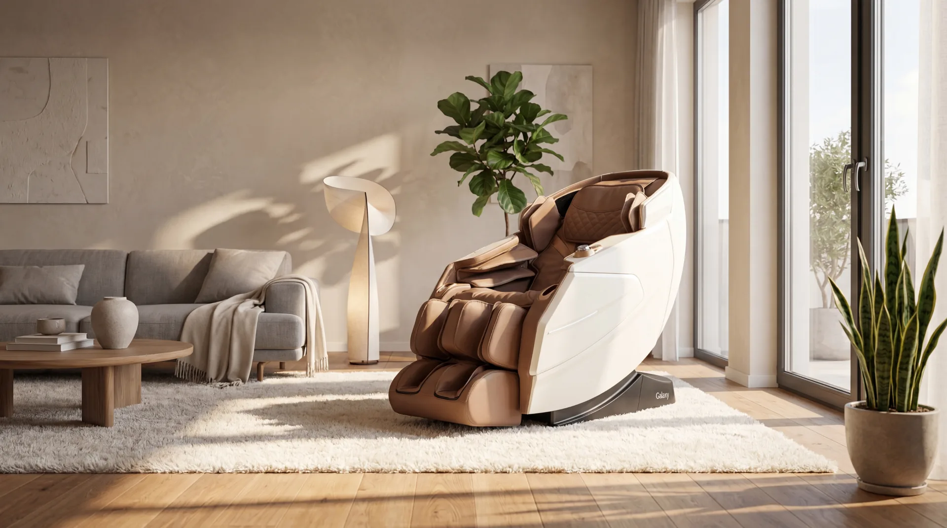 Zensit Gravity massagestol i ett ljust vardagsrum med soffa, matta och stora fönster